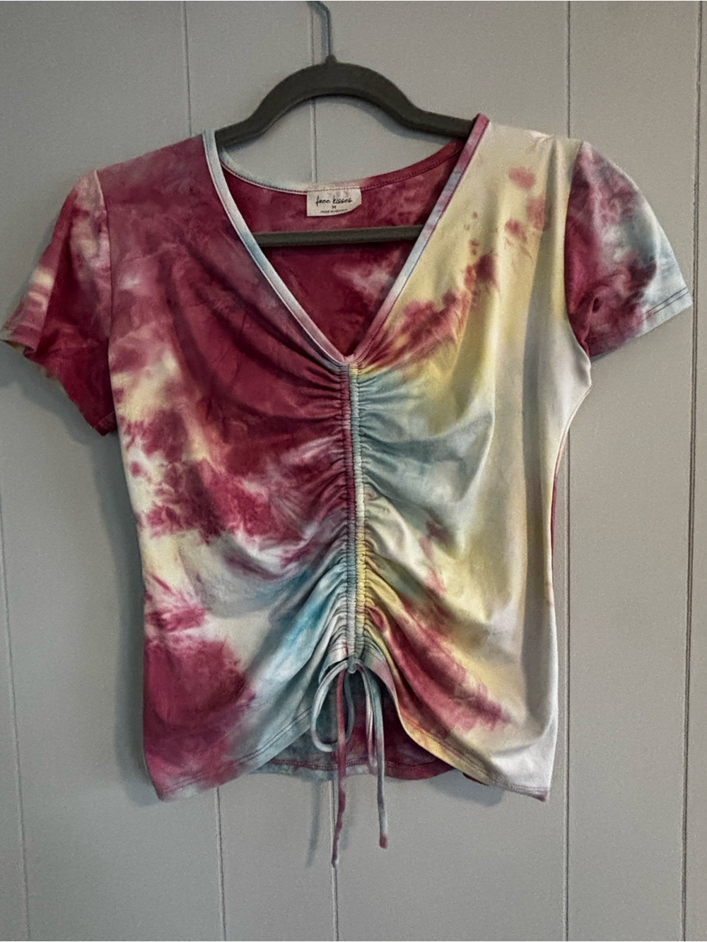 Free Kisses Tie-Dye V-Neck Ruched Short Sleeve Top - Pink, Blue, Yellow